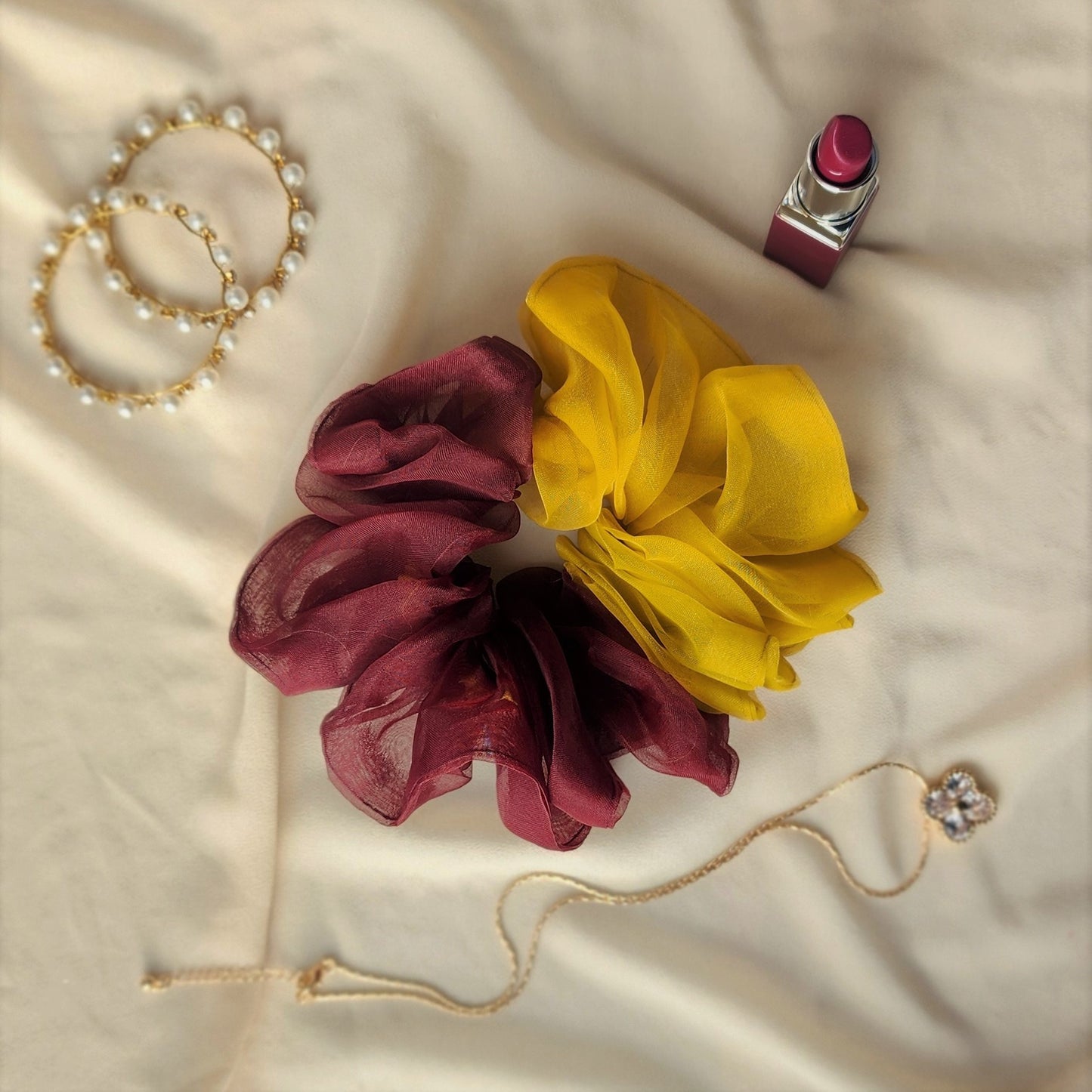 Dual-Tone deep burgundy and mustard yellow Organza Scrunchie