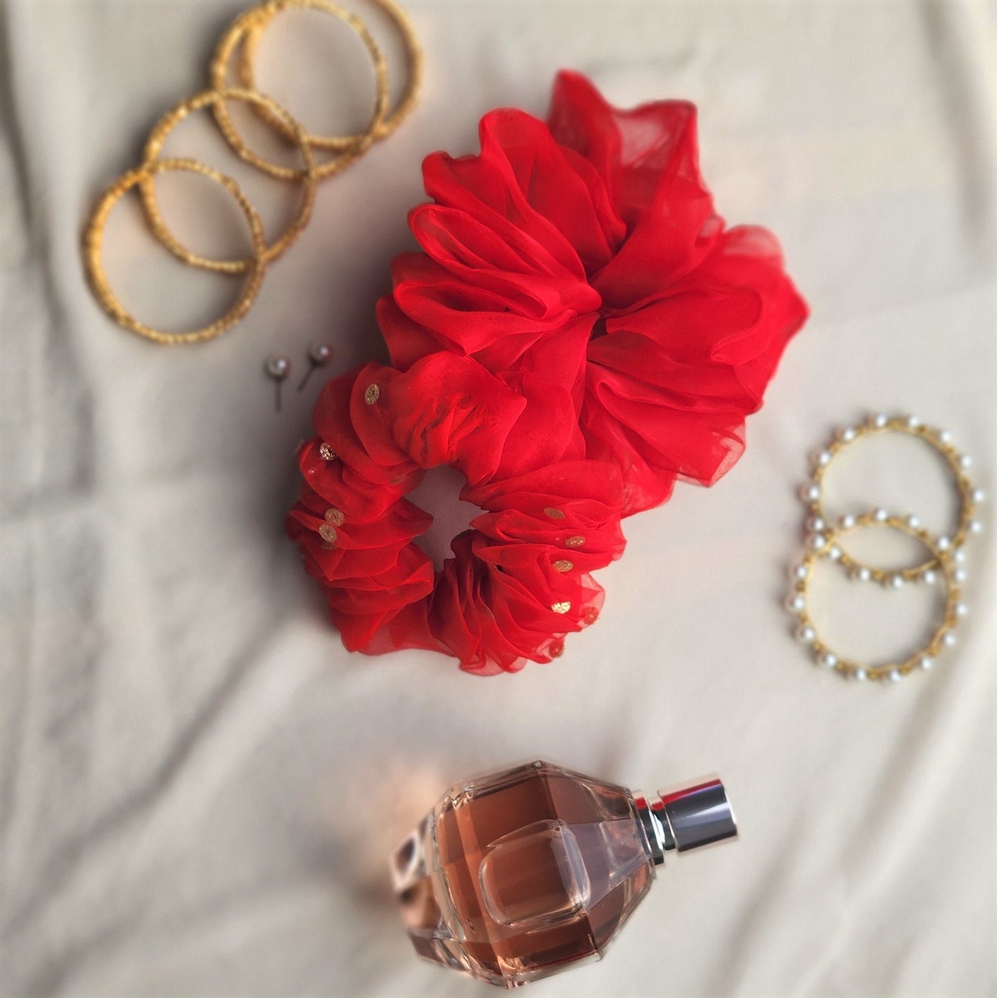 Red Organza Scrunchie β Plain & Sequined Elegance