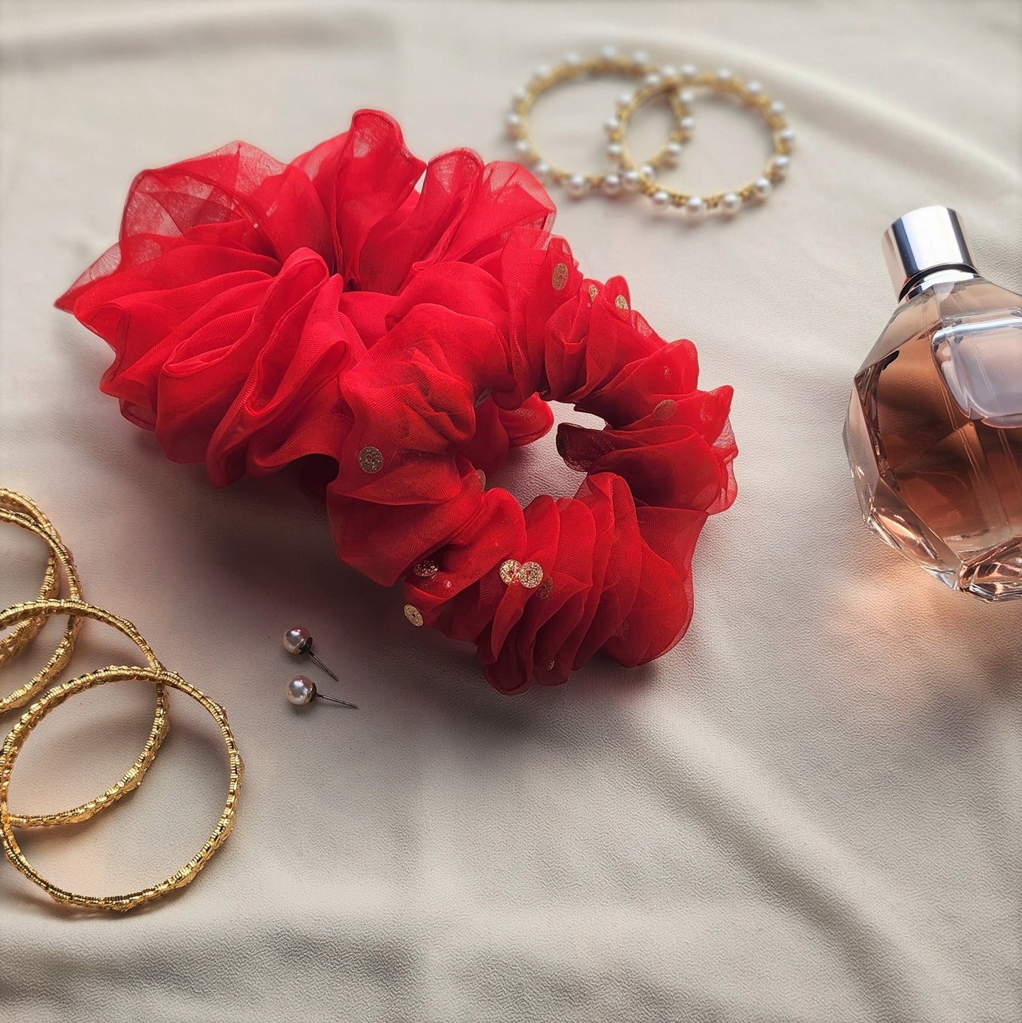 Red Organza Scrunchie β Plain & Sequined Elegance