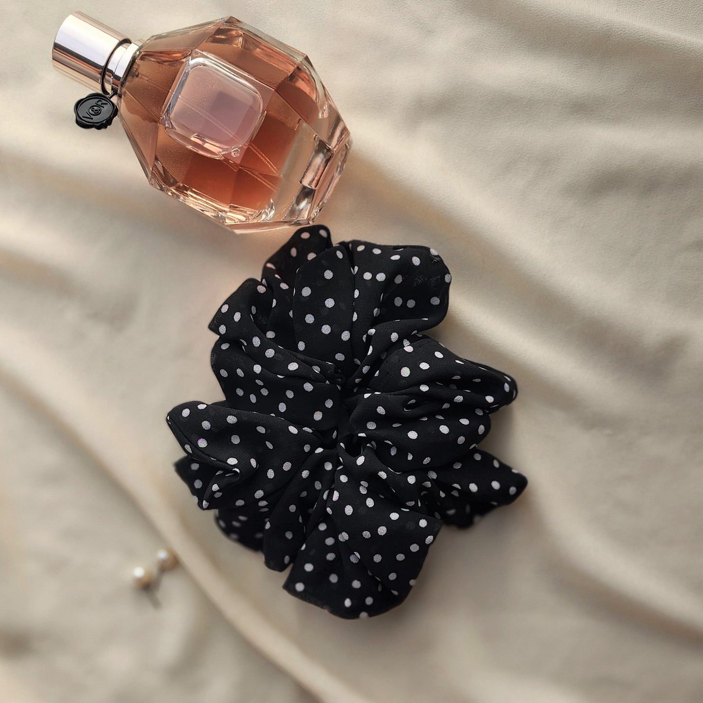 Black Polka Dot Chiffon Scrunchie