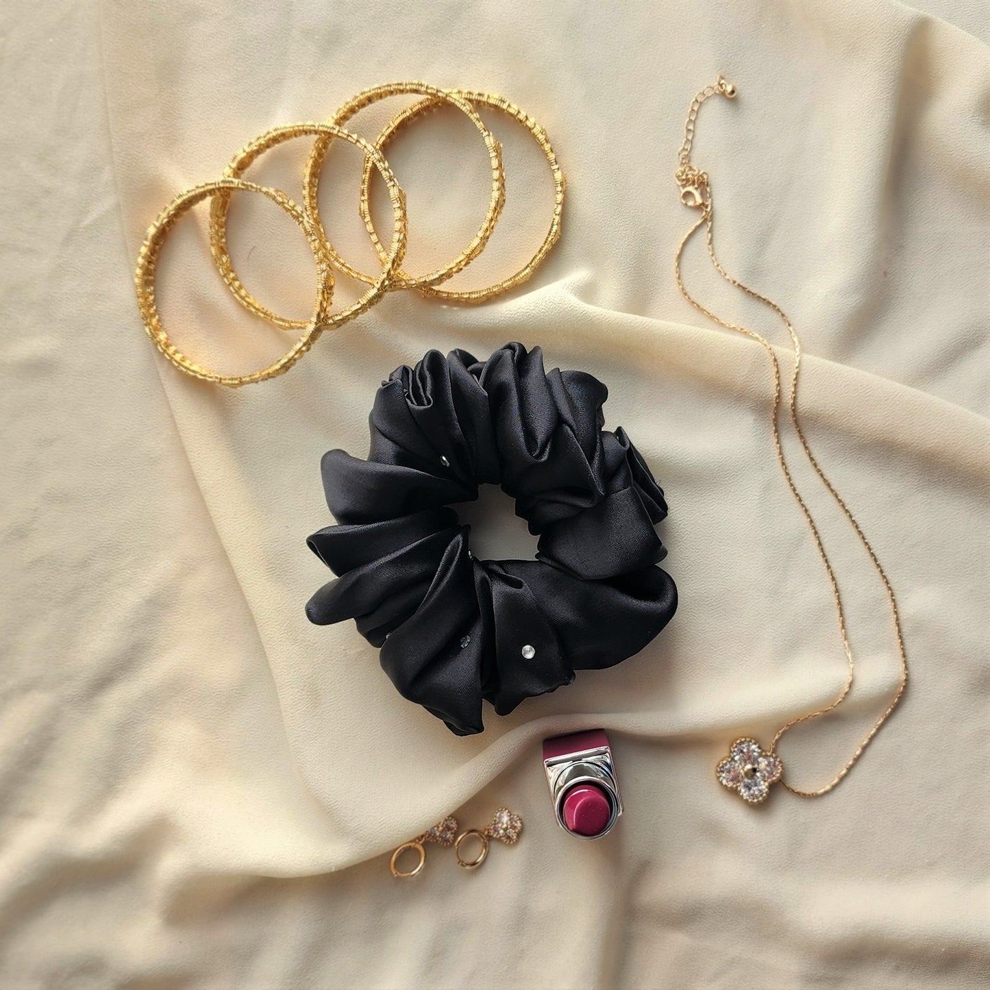 Medium Black Silk Scrunchie with Stones | Elegant & Stylish