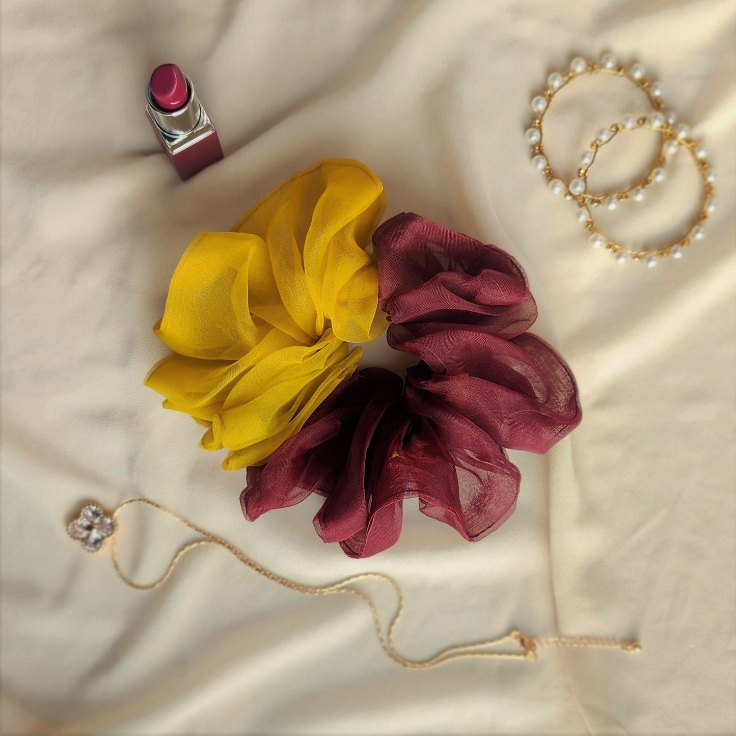 Dual-Tone deep burgundy and mustard yellow Organza Scrunchie