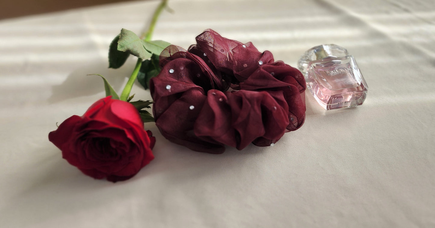 Maroon Organza Scrunchie with Rhinestones-Large