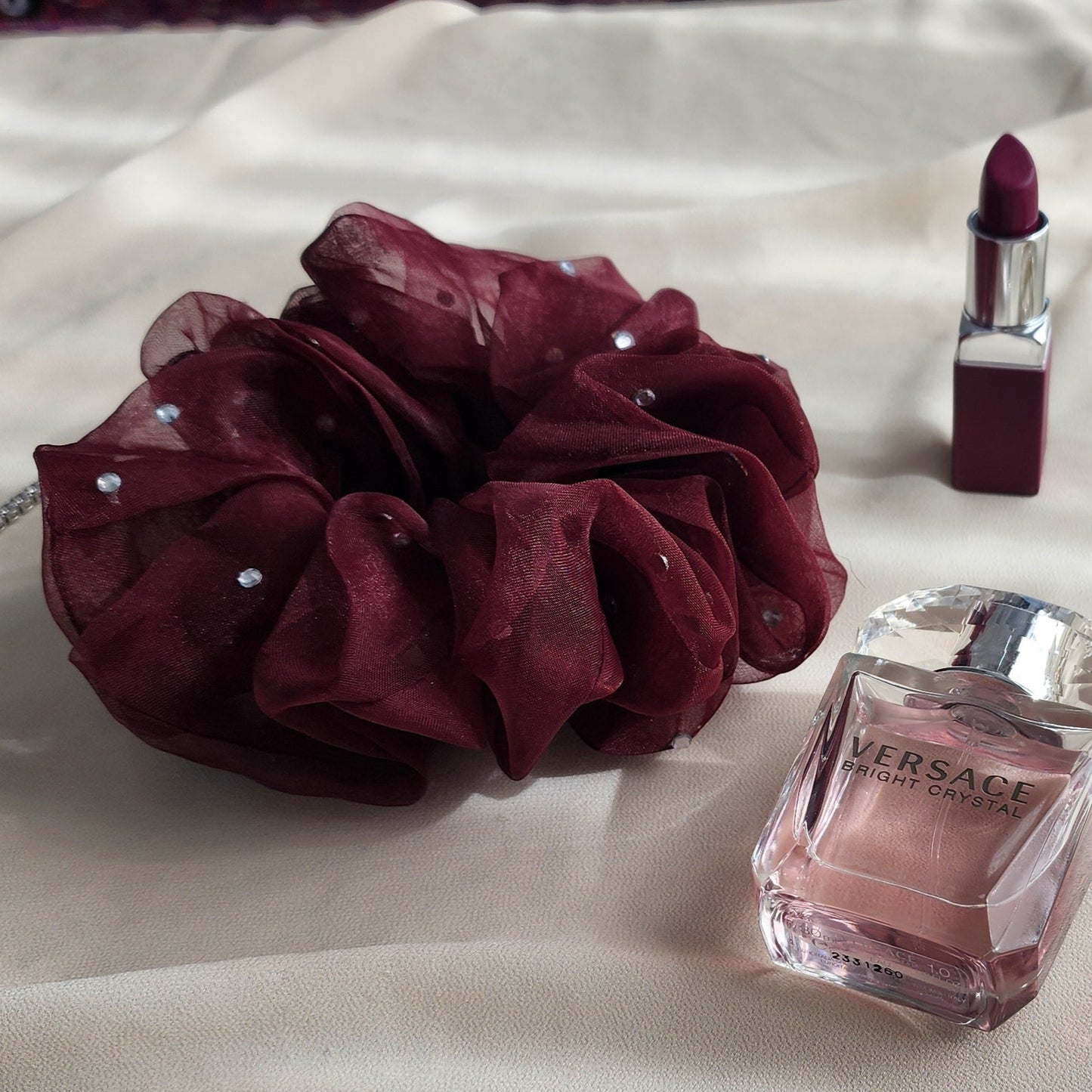 Maroon Organza Scrunchie with Rhinestones-Large