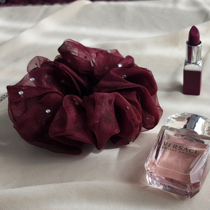 Maroon Organza Scrunchie with Rhinestones-Large