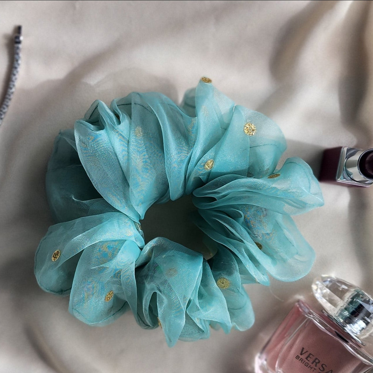 Aqua Bloom Organza Scrunchie-Medium
