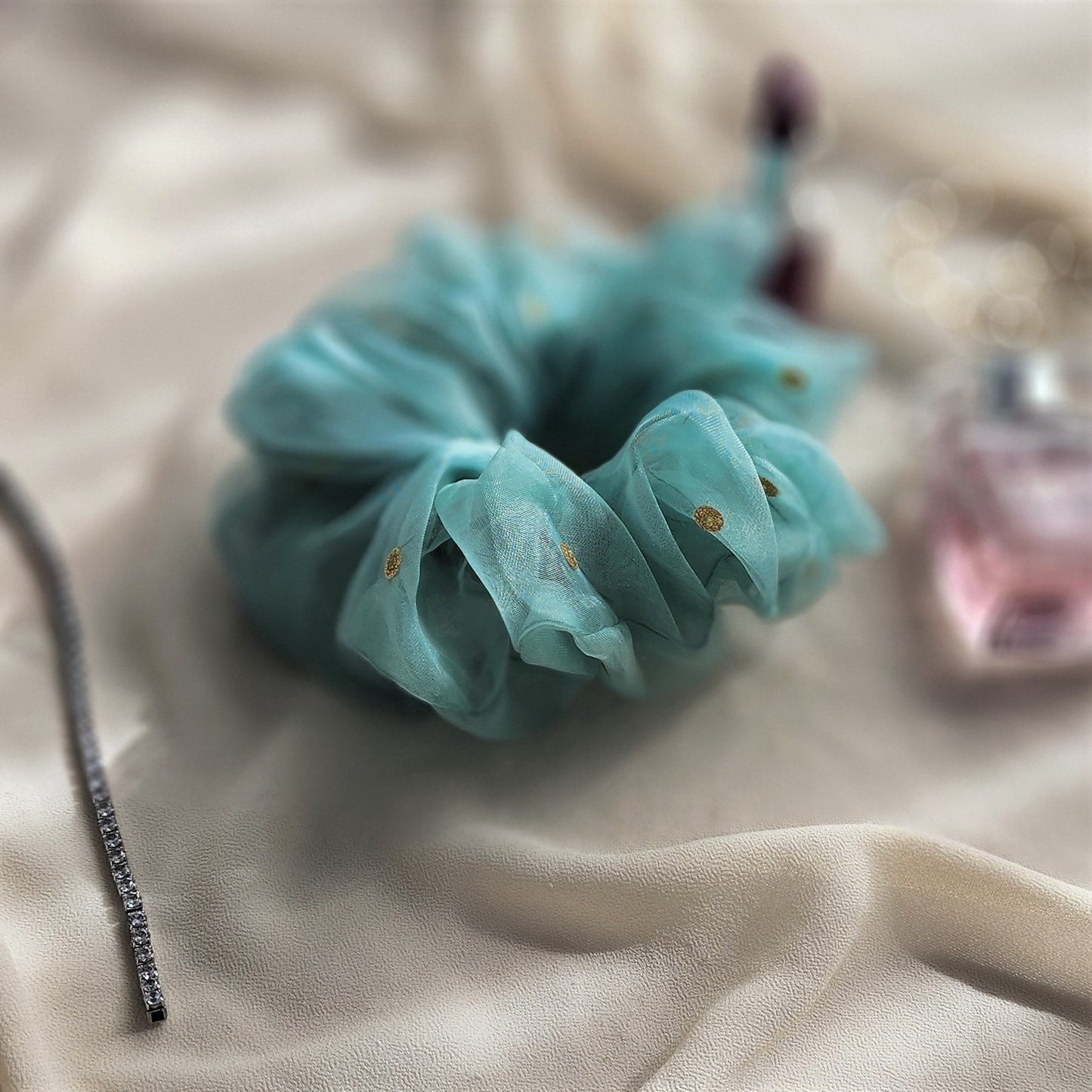 Aqua Bloom Organza Scrunchie-Medium