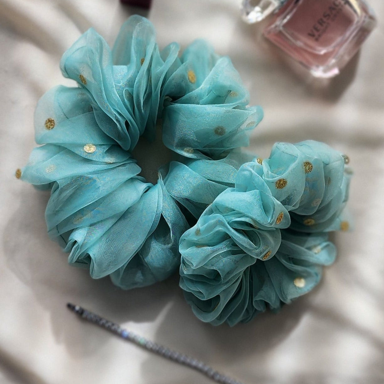 Aqua Bloom Organza Scrunchie-Medium