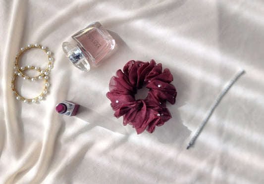 Maroon Organza Scrunchie with Rhinestones-Small