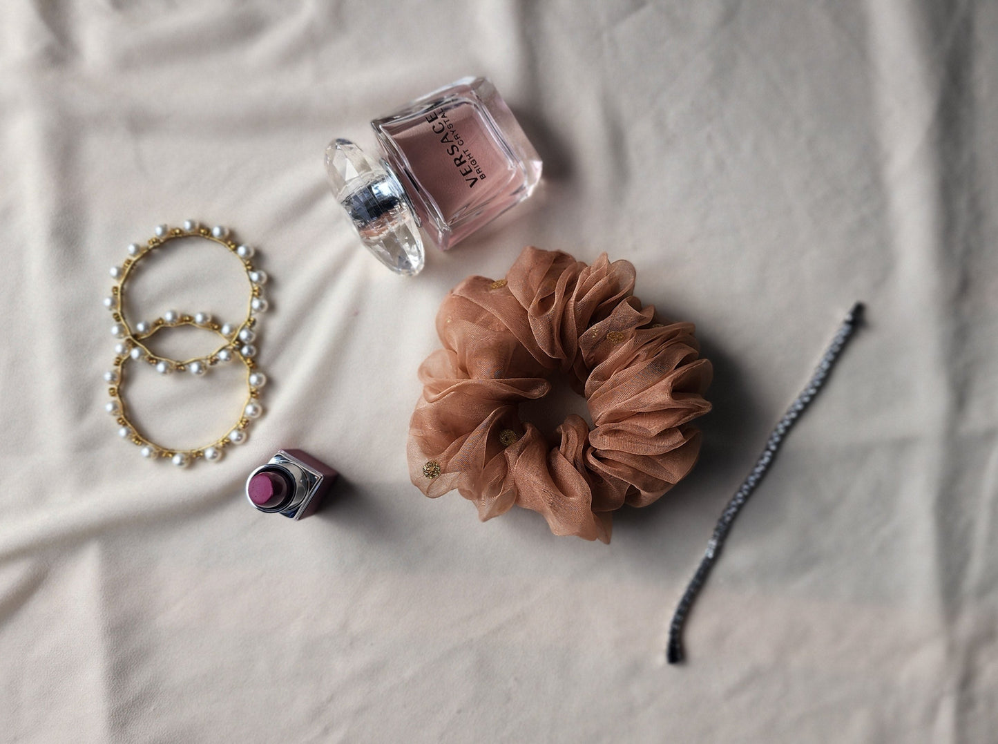 Khaki Organza Scrunchie with Sequins
