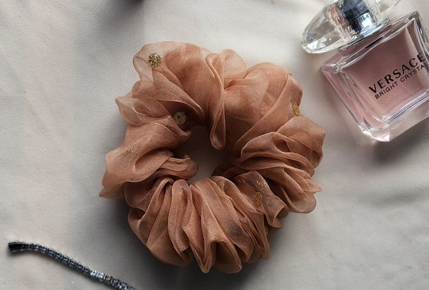 Khaki Organza Scrunchie with Sequins