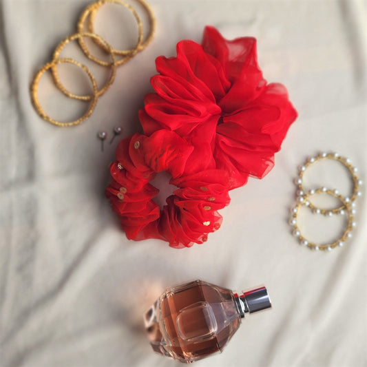 Red Organza Scrunchie – Plain & Sequined Elegance