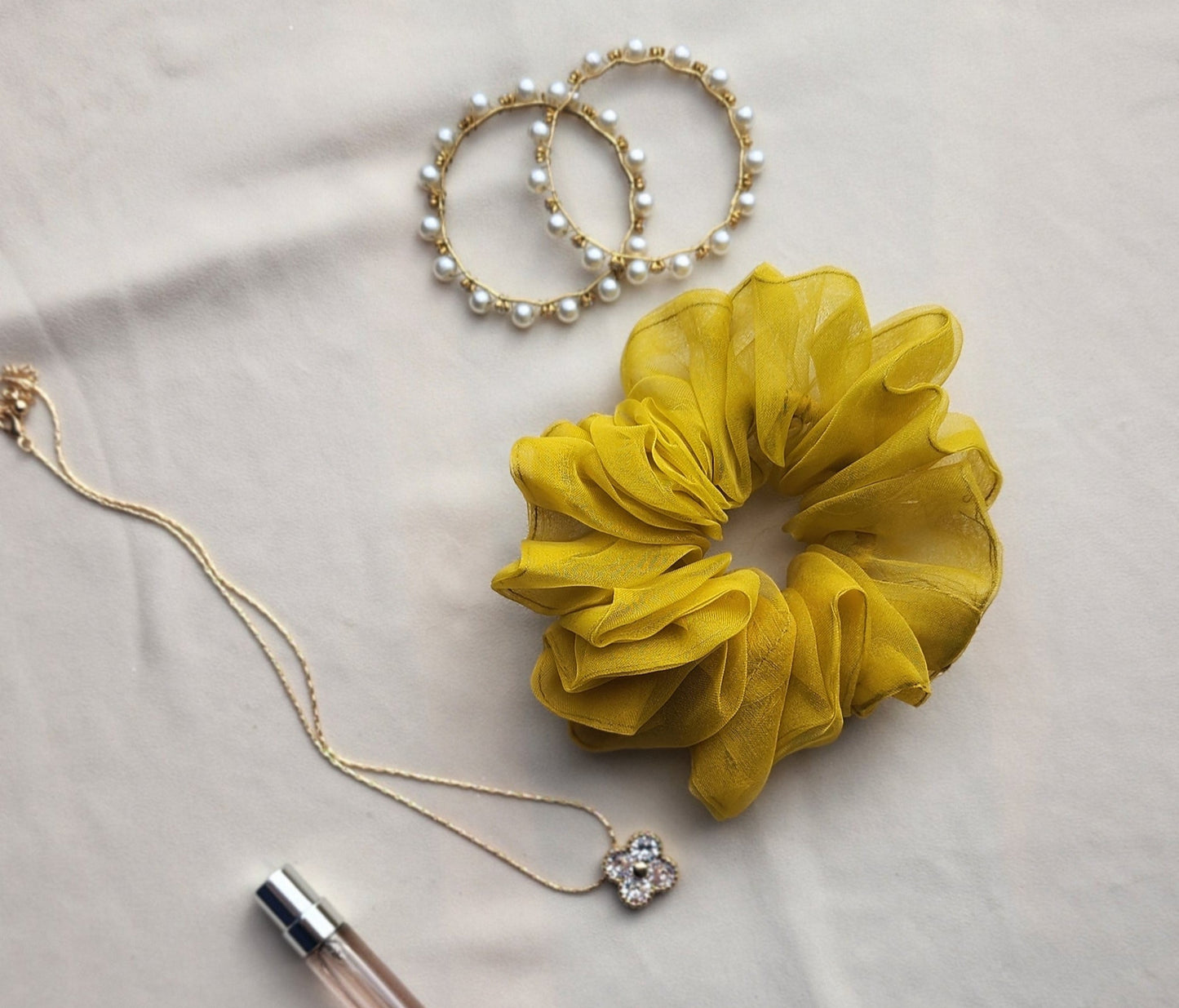 Mustard Organza Scrunchie – Elegant & Sheer