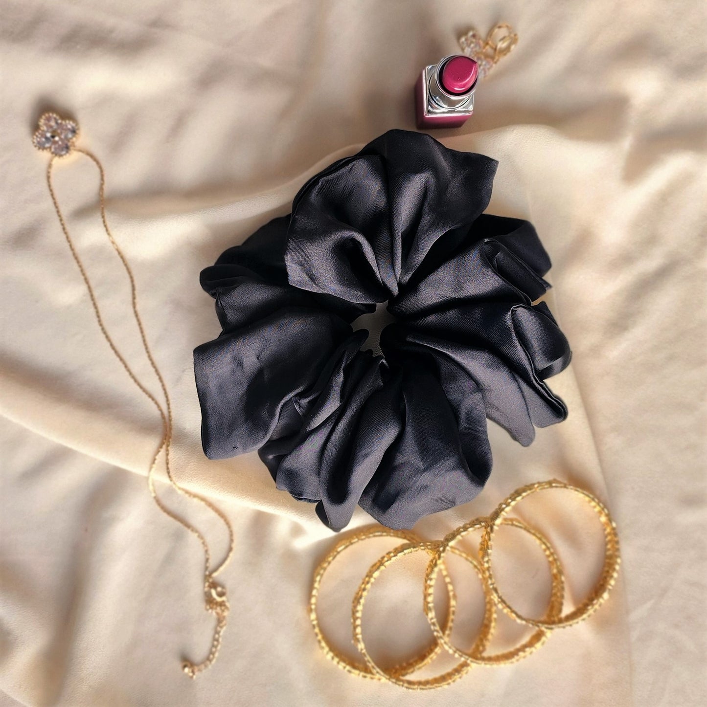 Large Black Silk Scrunchie | Voluminous & Chic