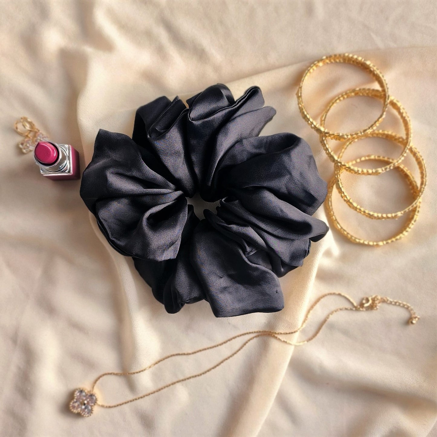 Large Black Silk Scrunchie | Voluminous & Chic