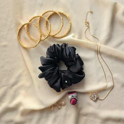 Medium Black Silk Scrunchie with Stones | Elegant & Stylish